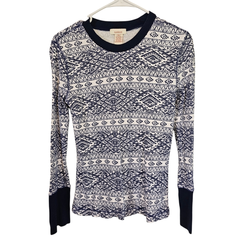 Sundance Fair Isle Velevt Ciff Thermal Waffle Knit Long Sleeve Top
